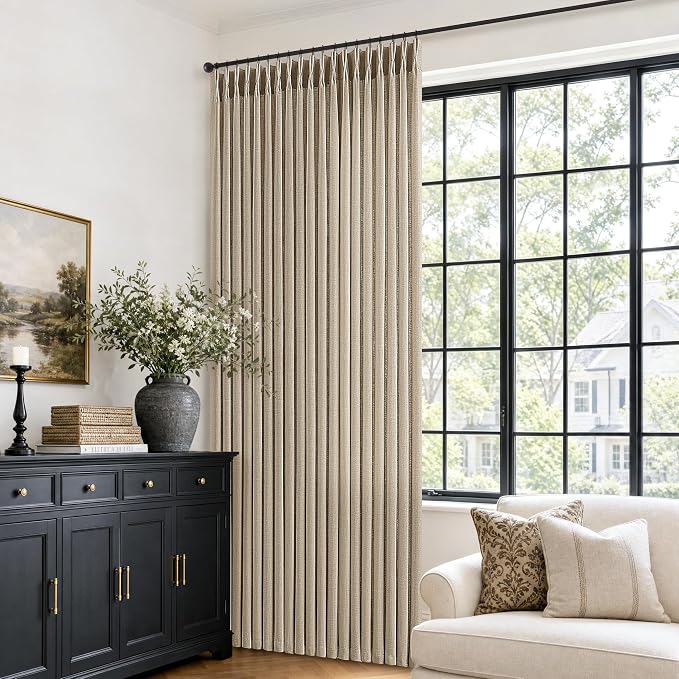 Burlywood Birch Extra Wide Pinch Pleat Curtains 102 Inches Long Memory Shaped Light Filtering Privacy Burlap Sliding Door Curtains with Rings Back Tab Large Window Drape for Living Room Bedroom 70x102