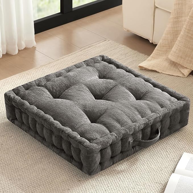 Intelligent Design Azza Floor Pillow, Large Cushions Sitting for Adults, Floor Pillow for Meditation or Yoga, Lustrous Chenille Tufted with Scalloped Edges for Bench/Chair Cushion, 24"x24"x5" Charcoal