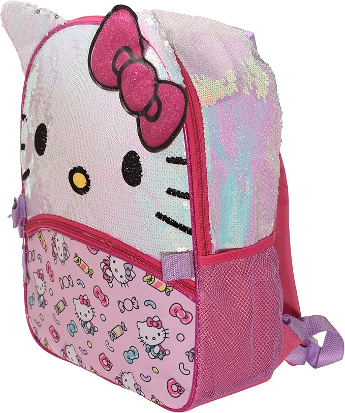 AI ACCESSORY INNOVATIONS Hello Kitty Girls 4 Piece Backpack Set, Iridescent Flip Sequin 16" School Bag with 3D Features, Front Zip Pocket, Pink & White
