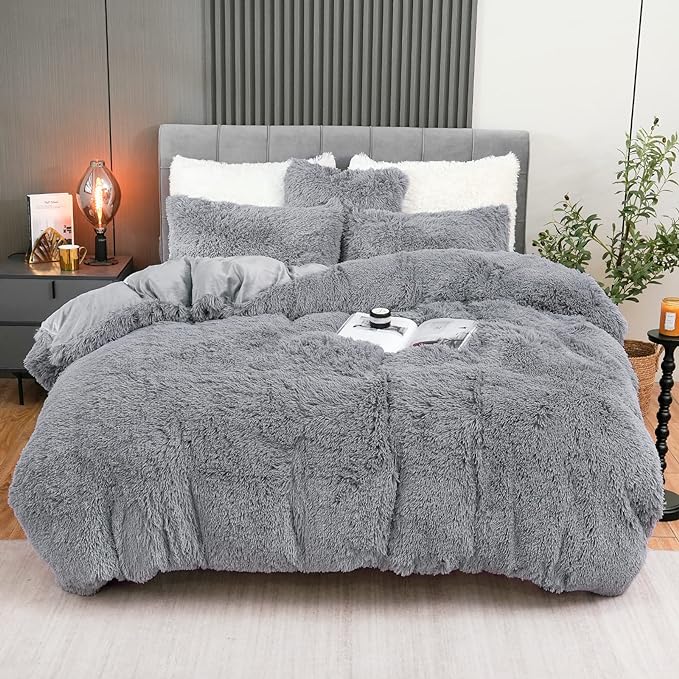 Fluffy Plush Duvet Cover Set Twin Size, Luxury Ultra Soft Velvet Fuzzy Comforter Cover Bed Sets 3Pcs(1 Faux Fur Duvet Cover + 1 Pillow Cases + 1 Pillow Cover) Zipper Closure (Twin, Light Gray)