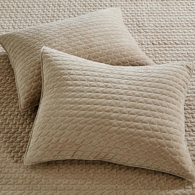 Levtex Home - Velvet Stitch Quilt Set - Full/Queen Quilt and Two Standard Shams - Cross Stitch Velvet - Taupe with White - Quilt (88x92in.) and Shams (20x26in.) - Reversible - Polyester