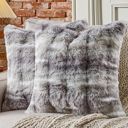 AmHoo Pack of 2 Throw Pillow Covers 3D Dense Faux Rabbit Fur Cozy Super Soft Fuzzy Set Case Cushion for Couch Sofa Bedroom 20 x 20-Inch Grey Purple