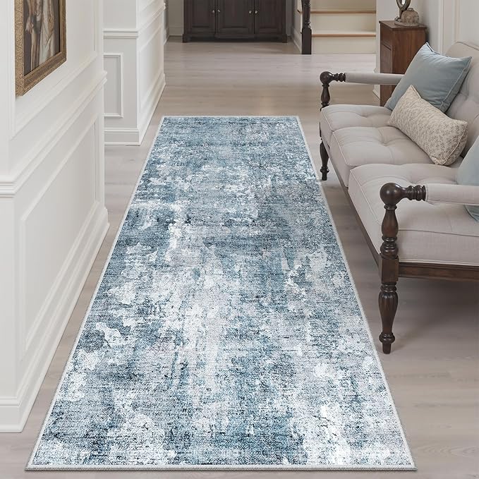 Soalmost Runner Rug 3x6 Washable Non-Slip Kitchen Runner Rugs for Bathroom Laundry Room Blue/Grey Vintage Floor Carpet Runners for Hallway Entryway