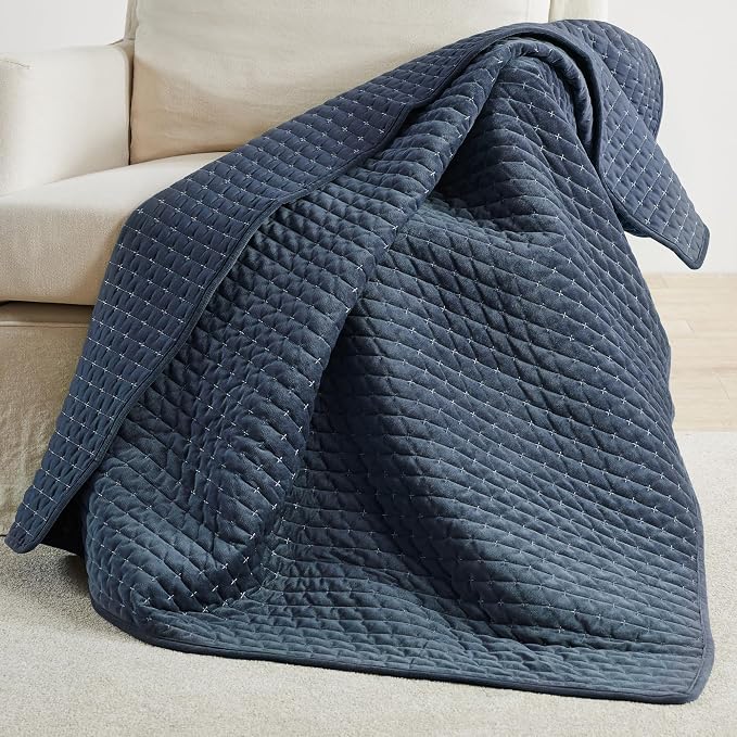 Levtex Home - Velvet Stitch Throw - Quilted Throw (50x60in.) - Velvet - Navy White - Reversible - Polyester