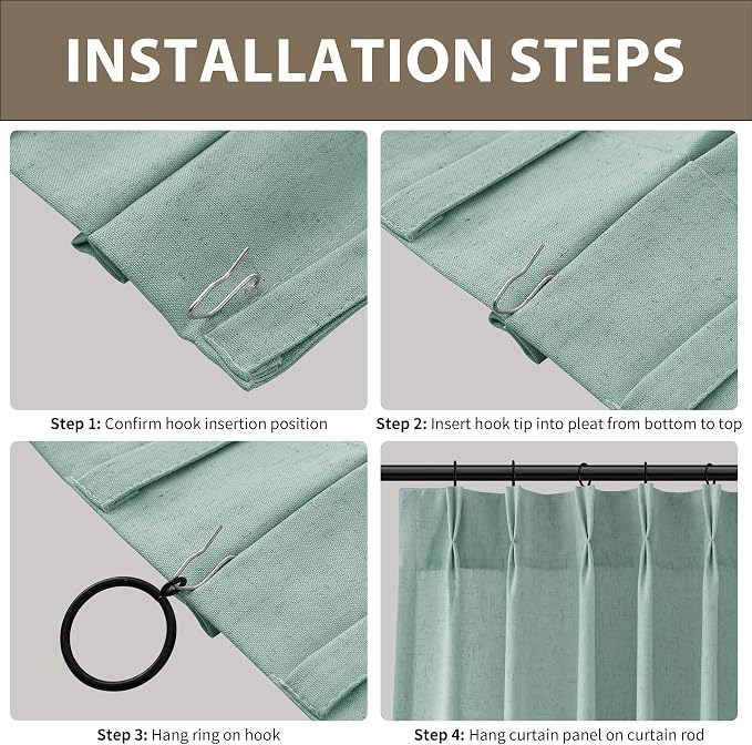 Aqua Green Pinch Pleated Linen Curtains 108 Inch Length 2 Panels for Living Room Bedroom Elegant Farmhouse Country Privacy Light Filtering Semi Sheer Back Tab Drapes with Hooks for Nursery 40x108