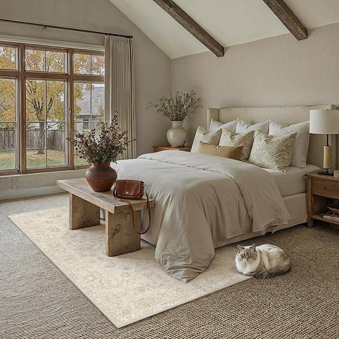 5x7 Beige Washable Area Rug for Living Room Bedroom Neutral Soft Floral Non Slip Large Throw Rug Lightweight Vintage Low Pile Distressed Carpet Office Playroom Dinning Laundry Room