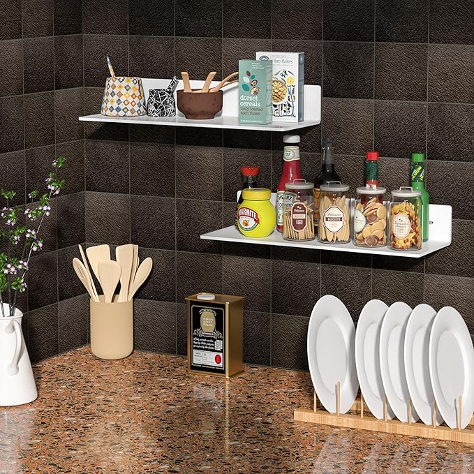 Sezanrpt 2 Pack White Acrylic Floating Shelves 15 Inches, Wall Hanging Bathroom Shelves, Wall Storage Shelf for Kitchen, Dining Room, Living Room, Bedroom, Bathroom, Retail, Supermarket