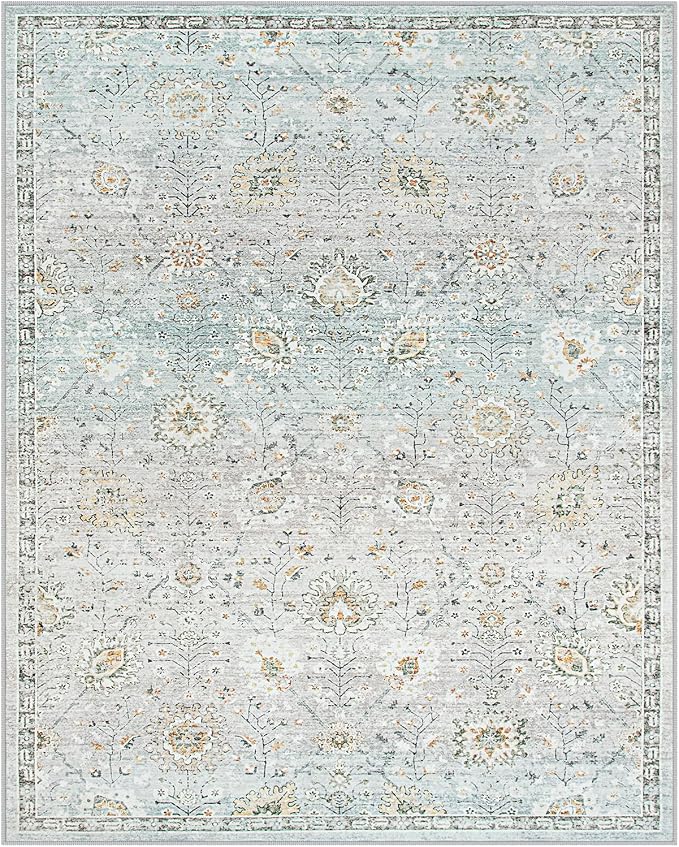 Lahome Flavie Boho Light Blue Area Rug 8x10 for Living Room, Soft Floral Rugs for Bedroom Aesthetic, Washable Floor Carpet Non Slip Indoor for Dining Room Home Decor (Blue/Grey)