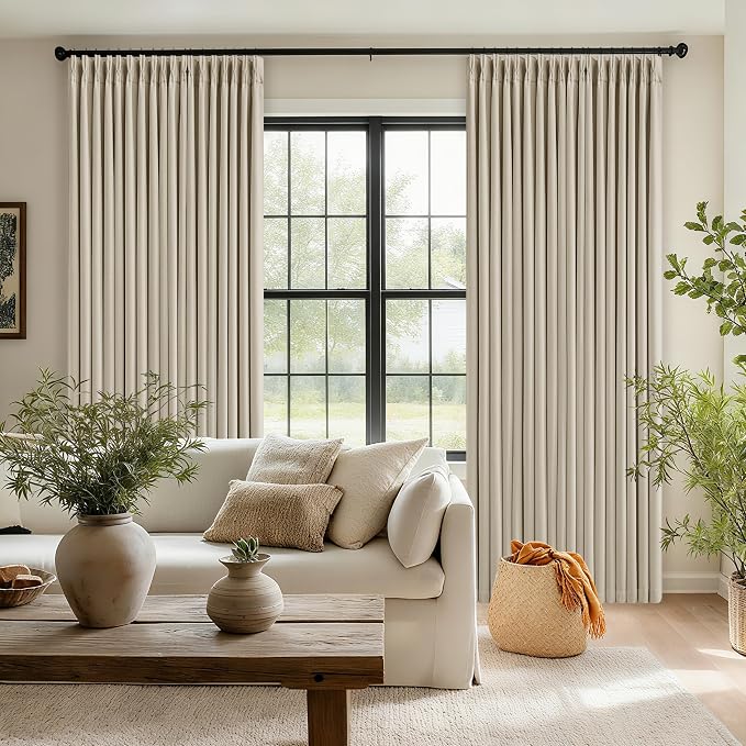 112 Inch Linen Blackout Curtains 112 Inches Long for Bedroom Neutral Boho Pinch Pleated 100% Black Out Room Darkening Sound Dampening Window Drapes Double Layer Soundproof 112 Inch Curtains Oatmeal