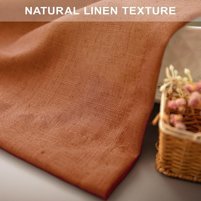 Burnt Orange Linen Curtains 63 Inch Length for Bedroom 2 Panels Set Back Tab Pocket Semi Sheer Light Filtering Curtains for Dining Room Nursery Boys Toddlers Funky Pop Colored Copper Rust Decor 52x63