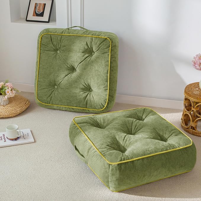 HIGOGOGO 6" Extra Thick Floor Pillow Cushion for Adults, Meditation Cushion Pillow with Handle, Lustrous Chenille Tufted, Square Floor Sitting for Tatami Living Room or Yoga, 22x22 Inch, 2Pack, Green