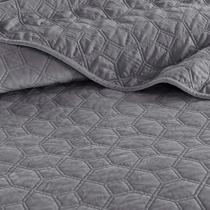 Madison Park Harper Quilt Set Velvet Casual Geometric Stitching Design All Season, Lightweight Coverlet, Cozy Bedding, Matching Shams, Full/Queen(90"x90"), Grey 3 Piece