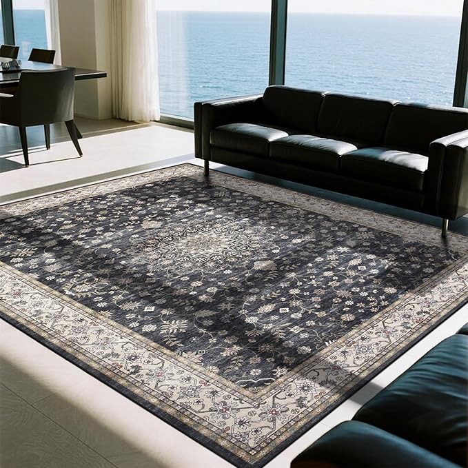 Srugn Washable Rugs 8x10 Area Rugs for Living Room,Rugs for Bedroom,Large Carpets,Ultra Soft Faux Wool Retro Dining Room Rug,Non Slip&Non-Shedding Low Pile Vintage Print Rug for Home Office-Black