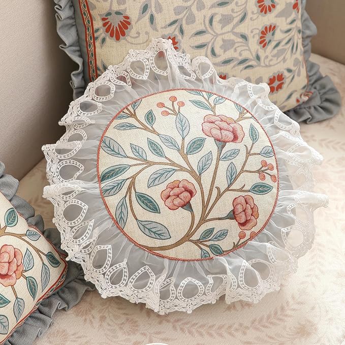 bilin gaier Round Linen Throw Pillow Cover,Diameter 16"-Flowershadow C | Designer Vintage Elegant Pillow Cover,Concealed Zipper Design,Floral Pattern,Sofa,Bedroom,Living Room,Lounge Chairs