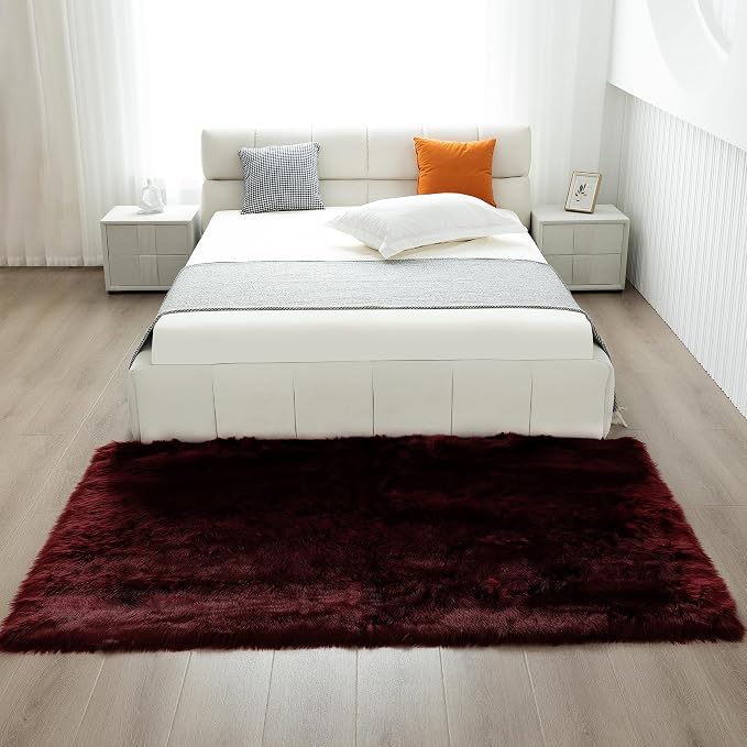 Faux Fur Rug Burgundy Sheepskin Area Rug,Ultra Soft 4x6 ft Rectangular Shaggy Plush Rug for Bedroom Sofa Floor Bedside Living Room Kids Room