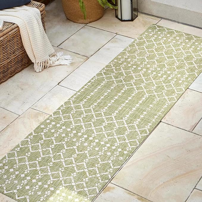 JONATHAN Y Moroccan Geometric Indoor Outdoor Runner Rug 2X8 Light Green/Cream, Ourika Textured Weave for Backyard, Patio, Porch, Easy-Cleaning, High Traffic, Pet-Friendly, Non-Shedding SMB108N-28