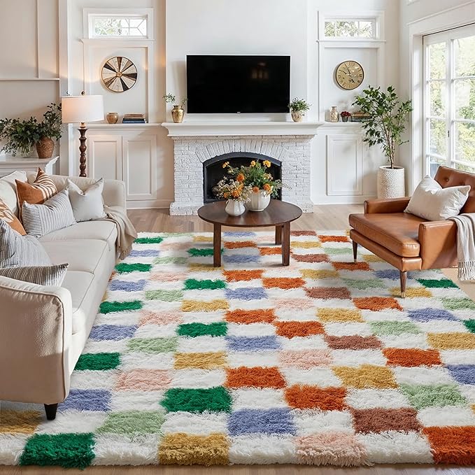 PureCozy Checkered Rug 8x10 for Living Room, Modern Neutral Shag Rug Washable Non-Slip Large Area Rug Super Soft Indoor Fuzzy Carpet Fluffy Rugs for Bedroom Home Aesthetic Decor