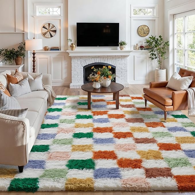 PureCozy Checkered Rug 6x9 for Living Room, Modern Neutral Shag Rug Washable Non-Slip Large Area Rug Super Soft Indoor Fuzzy Carpet Fluffy Rugs for Bedroom Home Aesthetic Decor