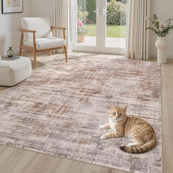 UERMEI 5x7 Washable Area Rug for Living Room: Modern Neutral Abstract Soft Low Pile Carpet Non-Slip Pet Kids Friendly Indoor Decor for Bedroom Dining Room Home Office Nursery Blue Brown