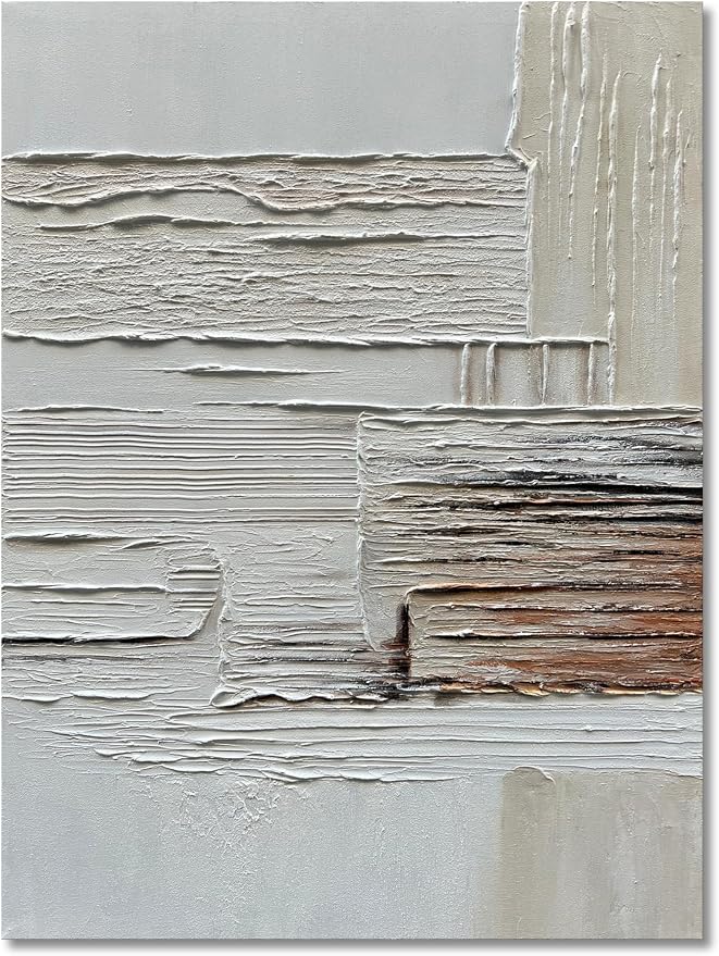 Hand-Painted Thick Texture Art Oil Painting in White and tan Abstract Art Painter House Wall Deco Art 40x28 inches