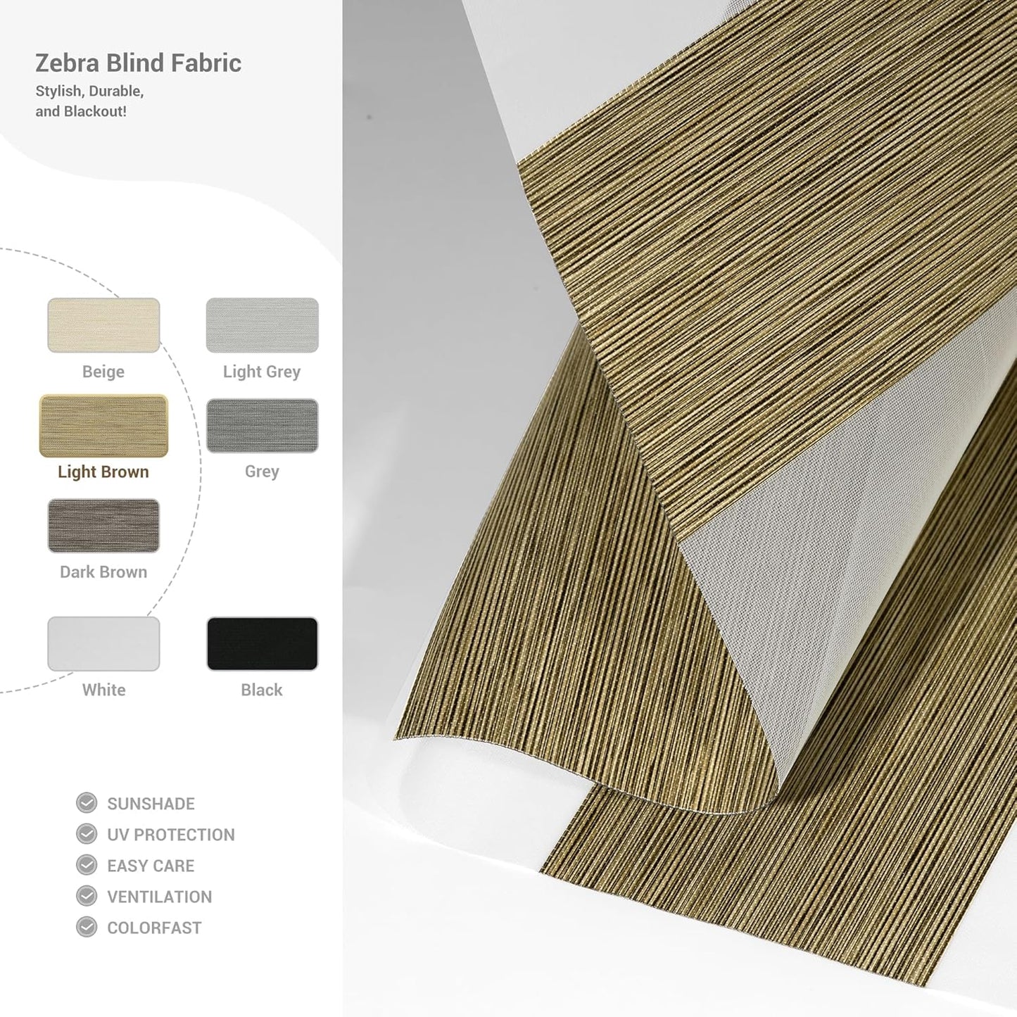 Cordless Zebra Blinds for Windows, Blackout Interior Blinds,Easy to Install,UV Protection,for Offices and Home,Custom Roller Shades, Mousse Light Bown,80" W x 36" H