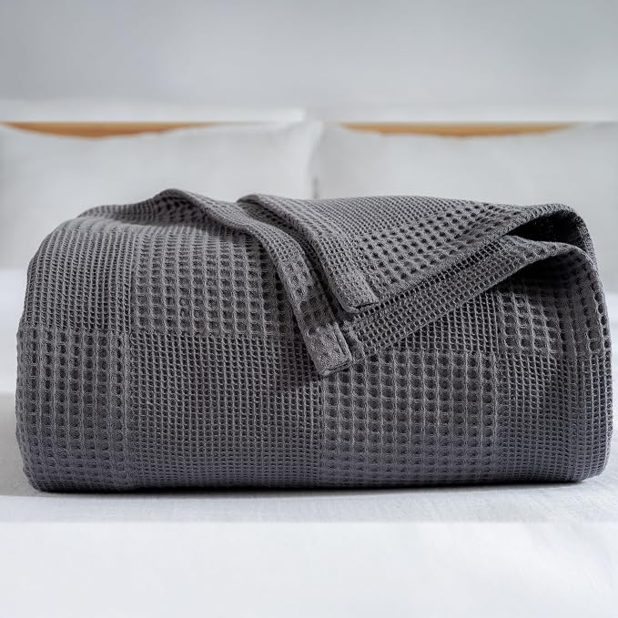 100% Turkish Cotton Blanket Queen Size Waffle Weave Blankets, Made in Turkiye, Light Airy Throw Bedspread (Dark Gray, Queen Size Blanket 90 x 90 inch)