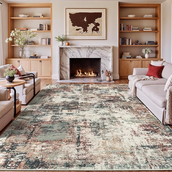 Rugflix 8x10 Area Rugs for Living Room, Washable Large Rug Stain-Resistant Low Pile, Modern Carpet for Dining Room Home Office Kid Room Nursery Bedroom, Rust Brown Green
