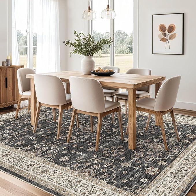Area Rug for Living Room - 7x9 Soft Washable Oriental Vintage Floral Distressed Large Carpet - Fade Stain Resistant Non Slip Rugs for Bedroom Dining Room Nursery Dorm Office Home Decor - Black