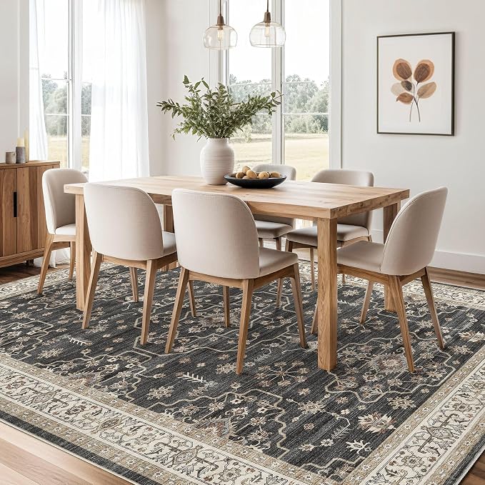 Area Rug for Living Room - 5x7 Soft Washable Oriental Vintage Floral Distressed Large Carpet - Fade Stain Resistant Non Slip Rugs for Bedroom Dining Room Nursery Dorm Office Home Decor - Black