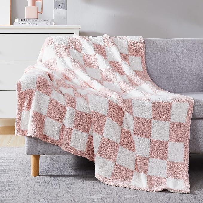 WRENSONGE Soft Twin Size Checkered Blanket for Bed-Cozy Knitted Blankets | Lightweight Fluffy Warm Decor for Women, Mom, Her & Girls, Sofa, Chair, Couch, 60x80in,Pink