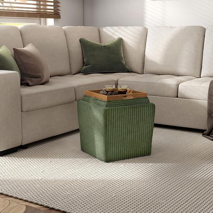 Furniture of America Lennox Modern Chenille 17-inch Square Storage Ottoman with Reversible Tray Top, Upholstered Footstool for Living Room, Bedroom, Entryway, Green