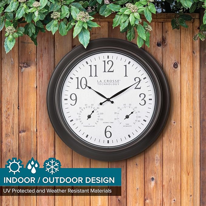La Crosse Technology 404-89027-INT 18-inch Indoor/Outdoor Brown Atomic Analog Wall Clock