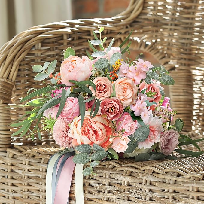 Artificial Flowers Combo Box, 30PCS Fake Flowers, Silk Flower Mix with Wire Stem, DIY Wedding Bridal Bouquet for Arrangement, Shower Party Home Décor, Blush Pink & Rose Mix