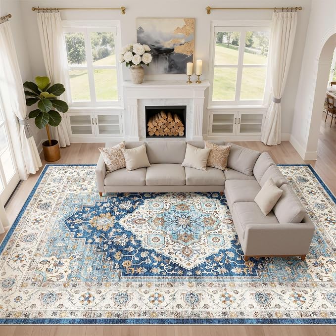 10x14 Area Rug Living Room: Washable Boho Large Neutral Vintage Soft Rugs Stain Resistant Farmhouse Non-Slip Indoor Floor Retro Carpet for Bedroom Nursery Kids Office Dining Room- Navy Beige