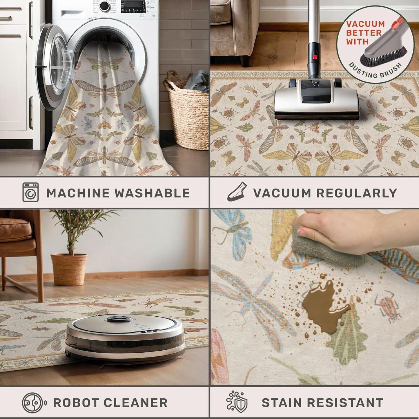 3x5 Washable Non-Slip Bathroom Rug, Colorful Insect Rug for Kids Room - Ultra Soft Low Pile Cottagecore Butterfly & Beetle Pattern for Nature-Inspired Home Décor