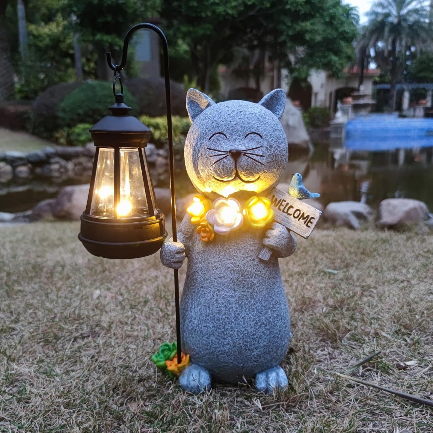 Solar Cat Garden Statues Outdoor Décor with Lantern- Cat Figurines Solar LED Light Lawn Ornaments - Yard Decorations for Patio, Balcony, Backyard -Unique House Warming Gifts for Mom