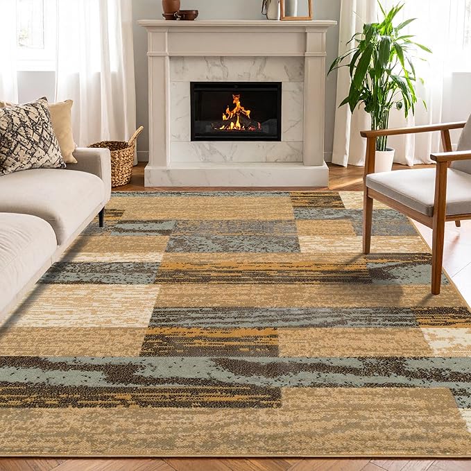 SUPERIOR Indoor Area Rug, Jute Backed, Modern Geometric Patchwork Floor Decor for Bedroom, Office, Living Room, Entryway, Hardwood Floors, Rockwood Collection, 7' x 9', Light Blue-Beige