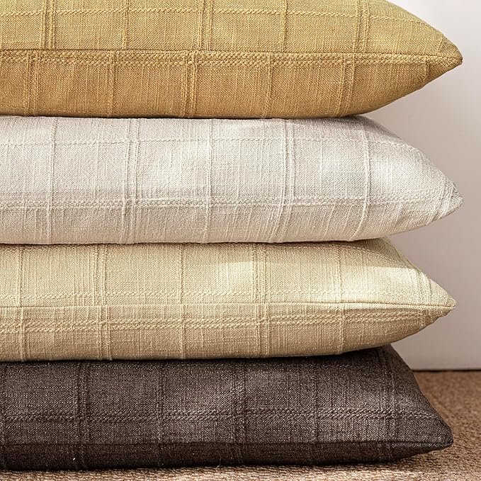 Foindtower Set of 2 Decorative Linen Check Throw Pillow Covers Neutral Farmhouse Vintage Cushion Covers Modern Boho Accent Home Decor for Sofa Chair Couch Bedroom Living Room,24×24 Inch,Light Yellow