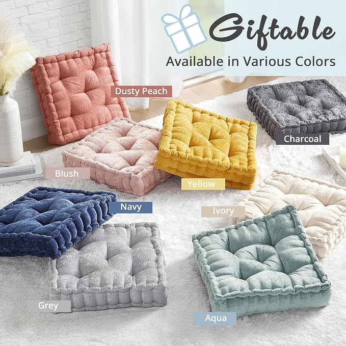 Intelligent Design Azza Floor Pillow, Large Cushions Sitting for Adults, Floor Pillow for Meditation or Yoga, Lustrous Chenille Tufted with Scalloped Edges for Bench/Chair Cushion, 20"x20"x5" Aqua