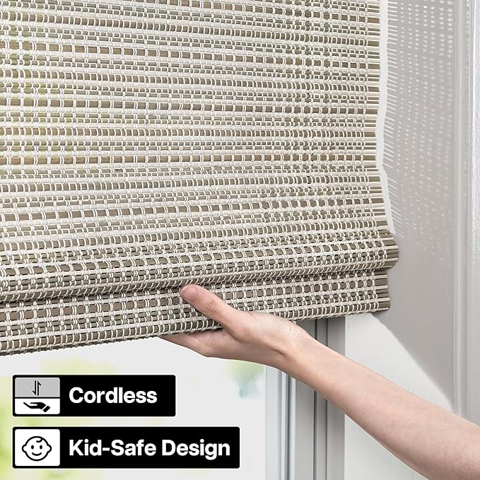 LazBlinds Cordless Bamboo Roman Shades for Windows, 25.5x64, Greystone | Light Filtering Natural Bamboo Blinds, Easy Lift Cordless Design for Living Room & Bedroom, Fits Interior Windows