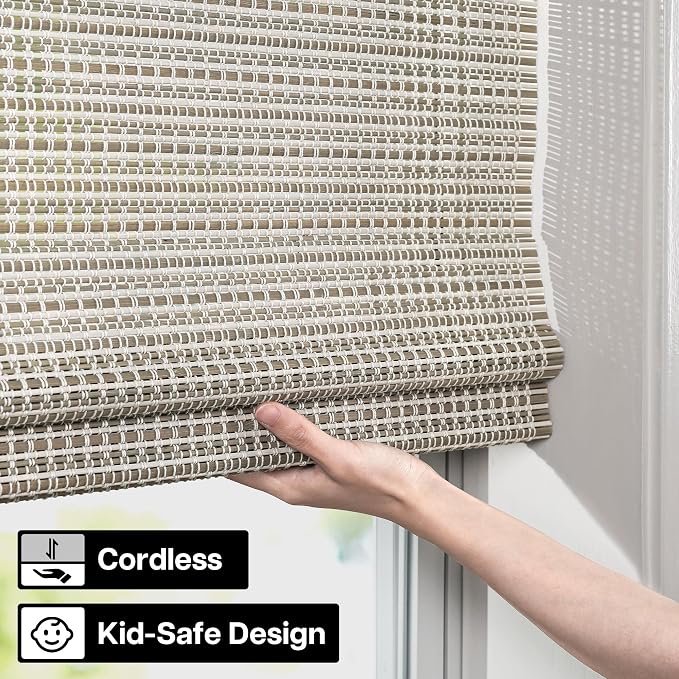 LazBlinds Cordless Bamboo Roman Shades for Windows, 27.5x64, Greystone | Light Filtering Natural Bamboo Blinds, Easy Lift Cordless Design for Living Room & Bedroom, Fits Interior Windows