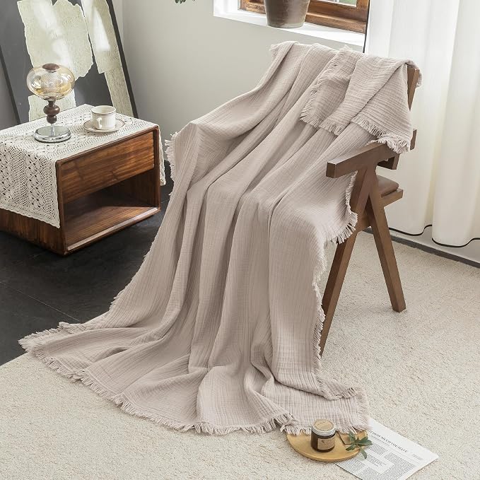 FOSSA Muslin Blanket: 4-Layer 100% Cotton Gauze Blanket with Fringe 98"x98" | Super Soft Breathable Lightweight All Season & Decorative Blanket or Bed, Sofa, Office (Beige Gray,Oversize Queen)