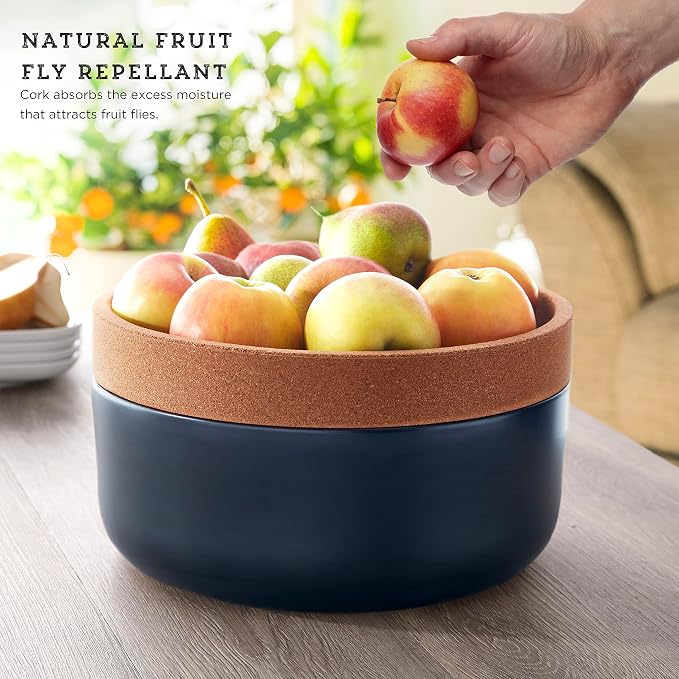 Kamenstein Ceramic and Cork Large Breathable Produce Bowl with Lid to Naturally Extend Produce Freshness, Natural Cork and Black Ceramic