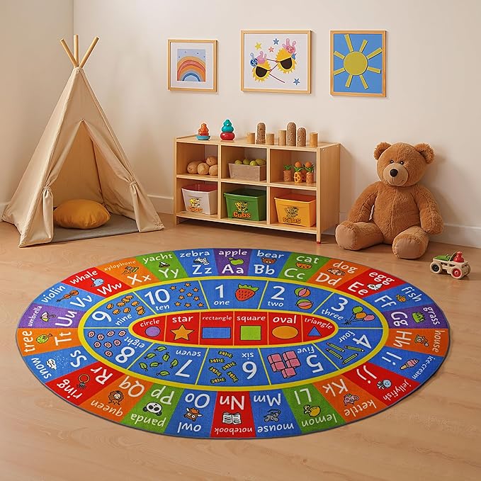 KC Cubs Educational Kids Rug – ABC Alphabet, 123 Numbers & Shapes Learning Mat – Soft Interactive Carpet for Classroom, Playroom & Bedroom 8x10 Oval