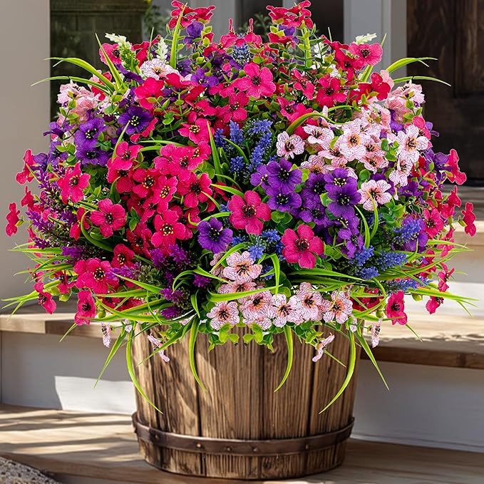 AXYLEX Artificial Flowers Outdoor Shrubs - 16 Bundles Fake Plants UV Resistant No Fade Faux Plastic Greenery Home Garden Porch Patio Decoration Office Indoor (1, Multi-16pcs)