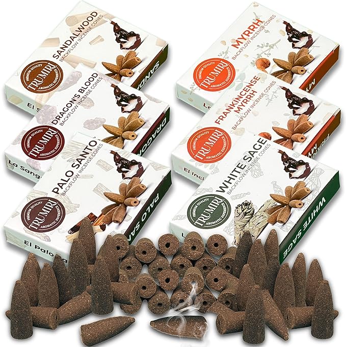 Woody - Backflow Incense Cones for Waterfall - Scented Inscents-Cones - Sandalwood, Dragons Blood, Palo Santo, White Sage - Insiensos Aromaticos - 6x10=60 Large Variety Pack - Back Flow Down Reverse