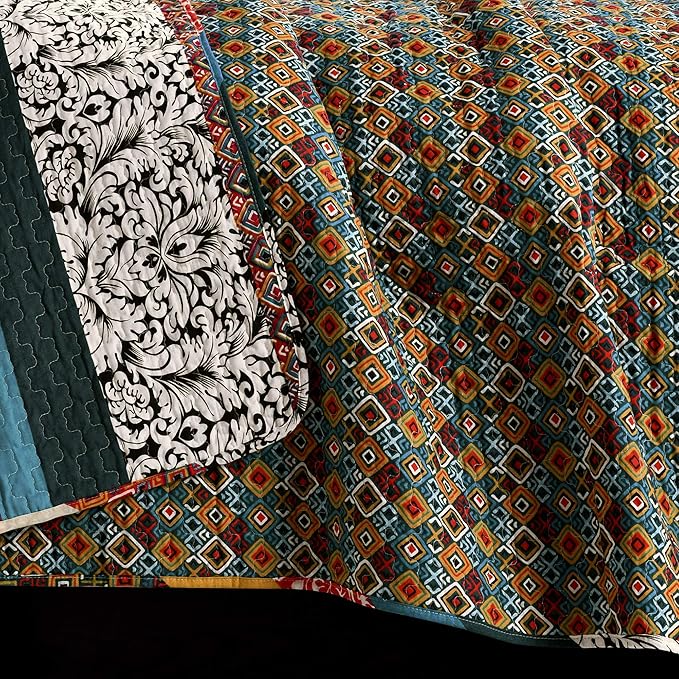 Lush Decor Boho Stripe Reversible Cotton Quilt 3-Piece Set, King, Turquoise & Tangerine - Bold Colorful Bohemian Bedding Set
