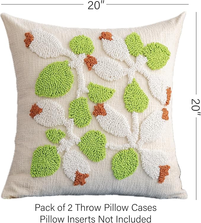 White Floral Embroidered Throw Pillow Covers 20" x 20" Set of 2, Farmhouse Flowers Green Leaves Tufted Patterned Cushion Cases for Couch Bed Living Room Decor