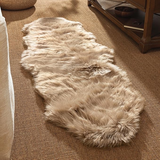 Ashler Faux Fur Rug, Fluffy Shaggy Area Rug Ultra Soft 2 x 6 Feet Sheepskin Fur Rug, Beige Fuzzy Machine Washable Shag Rug, Nursery Decor Throw Rugs for Bedroom, Kids Room, Living Room