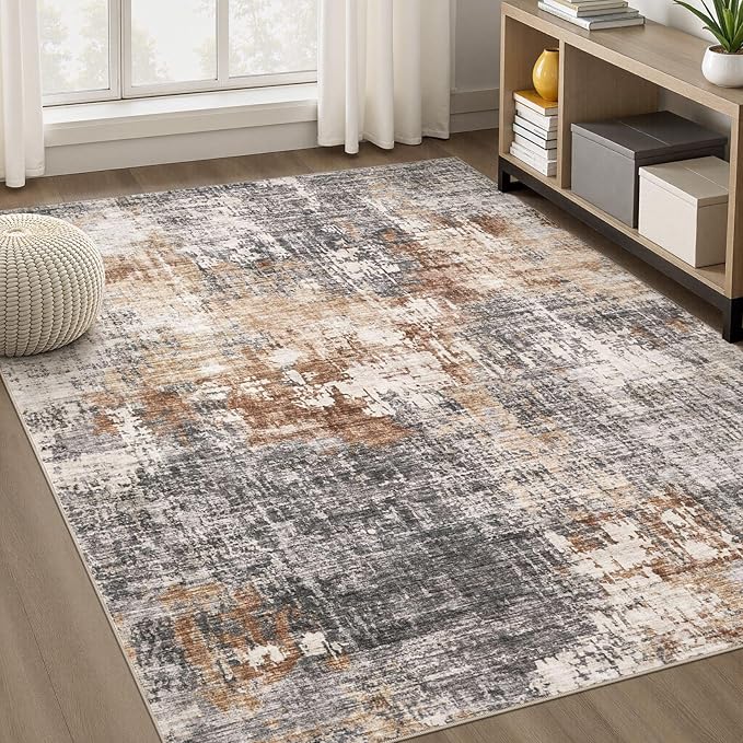 DMOYEST Area Rug Living Room Rugs - 5x8 Washable Large Soft Indoor Neutral Modern Abstract Low Pile Rug Carpet for Bedroom Dining Room Farmhouse Home Office - Grey Brown